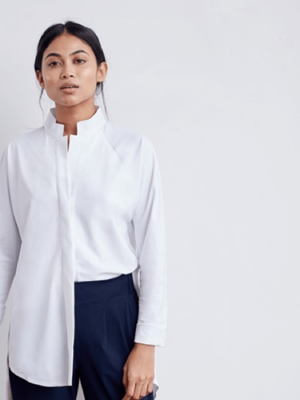 ADAY White Something Borrowed Mandarin Collar Snap Buttons Shirt XS